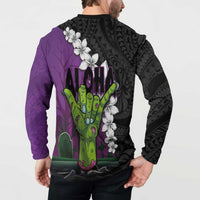 Hawaiian Halloween Button Sweatshirt Horror Shaka Hand with Plumeria and Polynesian Tattoo Midnight Color LT03 - Polynesian Pride