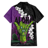 Hawaiian Halloween Family Matching Tank Maxi Dress and Hawaiian Shirt Horror Shaka Hand with Plumeria and Polynesian Tattoo Midnight Color