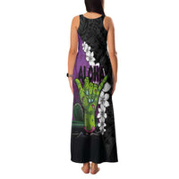 Hawaiian Halloween Family Matching Tank Maxi Dress and Hawaiian Shirt Horror Shaka Hand with Plumeria and Polynesian Tattoo Midnight Color