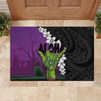 Hawaiian Halloween Rubber Doormat Horror Shaka Hand with Plumeria and Polynesian Tattoo Midnight Color LT03 Purple - Polynesian Pride