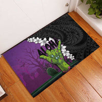 Hawaiian Halloween Rubber Doormat Horror Shaka Hand with Plumeria and Polynesian Tattoo Midnight Color LT03 - Polynesian Pride