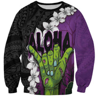 Hawaiian Halloween Sweatshirt Horror Shaka Hand with Plumeria and Polynesian Tattoo Midnight Color LT03 Unisex Purple - Polynesian Pride