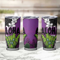 Hawaiian Halloween Tumbler Cup Horror Shaka Hand with Plumeria and Polynesian Tattoo Midnight Color