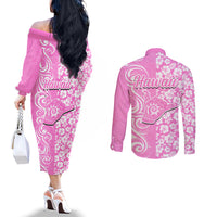 Hawaii Kauai Island Couples Matching Off The Shoulder Long Sleeve Dress and Long Sleeve Button Shirts Hibiscus Pattern Seamless Tribal Simple Pink LT03 - Polynesian Pride
