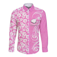 Hawaii Kauai Island Long Sleeve Button Shirt Hibiscus Pattern Seamless Tribal Simple Pink LT03 Unisex Pink - Polynesian Pride