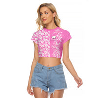 Hawaii Kauai Island Raglan Cropped T Shirt Hibiscus Pattern Seamless Tribal Simple Pink LT03 Female Pink - Polynesian Pride