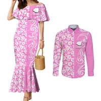 Custom Hawaii Kauai Island Couples Matching Mermaid Dress and Long Sleeve Button Shirts Hibiscus Pattern Seamless Tribal Simple Pink LT03 Pink - Polynesian Pride