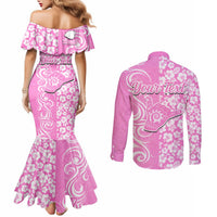 Custom Hawaii Kauai Island Couples Matching Mermaid Dress and Long Sleeve Button Shirts Hibiscus Pattern Seamless Tribal Simple Pink LT03 - Polynesian Pride
