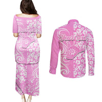 Custom Hawaii Kauai Island Couples Matching Puletasi Dress and Long Sleeve Button Shirts Hibiscus Pattern Seamless Tribal Simple Pink LT03 - Polynesian Pride