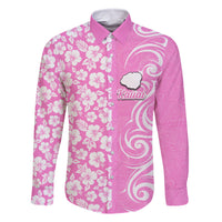 Custom Hawaii Kauai Island Family Matching Long Sleeve Bodycon Dress and Hawaiian Shirt Hibiscus Pattern Seamless Tribal Simple Pink LT03 Dad's Shirt - Long Sleeve Pink - Polynesian Pride