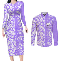 Hawaii Kauai Island Couples Matching Long Sleeve Bodycon Dress and Long Sleeve Button Shirts Hibiscus Pattern Seamless Tribal Simple Purple LT03 Purple - Polynesian Pride