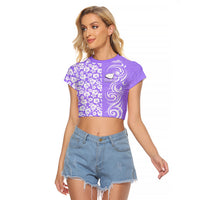 Hawaii Kauai Island Raglan Cropped T Shirt Hibiscus Pattern Seamless Tribal Simple Purple LT03 Female Purple - Polynesian Pride
