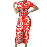 Hawaii Kauai Island Short Sleeve Bodycon Dress Hibiscus Pattern Seamless Tribal Simple Red LT03 Long Dress Red - Polynesian Pride