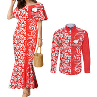 Custom Hawaii Kauai Island Couples Matching Mermaid Dress and Long Sleeve Button Shirts Hibiscus Pattern Seamless Tribal Simple Red LT03 Red - Polynesian Pride