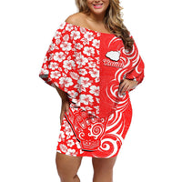 Custom Hawaii Kauai Island Off Shoulder Short Dress Hibiscus Pattern Seamless Tribal Simple Red LT03 Women Red - Polynesian Pride