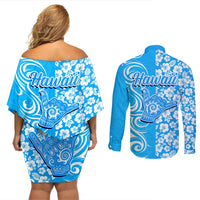 Hawaii Kauai Island Couples Matching Off Shoulder Short Dress and Long Sleeve Button Shirts Hibiscus Pattern Seamless Tribal Simple Blue LT03 - Polynesian Pride