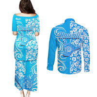 Hawaii Kauai Island Couples Matching Puletasi Dress and Long Sleeve Button Shirts Hibiscus Pattern Seamless Tribal Simple Blue LT03 - Polynesian Pride