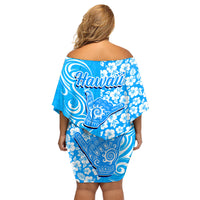 Hawaii Kauai Island Family Matching Off Shoulder Short Dress and Hawaiian Shirt Hibiscus Pattern Seamless Tribal Simple Blue LT03 - Polynesian Pride