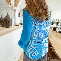 Hawaii Kauai Island Women Casual Shirt Hibiscus Pattern Seamless Tribal Simple Blue LT03 - Polynesian Pride