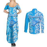 Custom Hawaii Kauai Island Couples Matching Summer Maxi Dress and Long Sleeve Button Shirts Hibiscus Pattern Seamless Tribal Simple Blue LT03 - Polynesian Pride