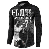 Custom Fiji Rugby Pacific Champions 2024 Button Sweatshirt Anniversary 7 Titles - Fijians Rugby and Tapa Hibiscus Black Art