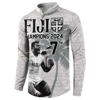 Custom Fiji Rugby Pacific Champions 2024 Button Sweatshirt Anniversary 7 Titles - Fijians Rugby and Tapa Hibiscus White Art