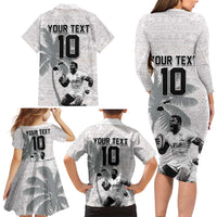 Custom Fiji Rugby Pacific Champions 2024 Family Matching Long Sleeve Bodycon Dress and Hawaiian Shirt Anniversary 7 Titles - Fijians Rugby and Tapa Hibiscus White Art