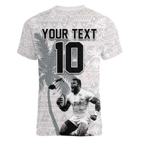 Custom Fiji Rugby Pacific Champions 2024 Women V-Neck T-Shirt Anniversary 7 Titles - Fijians Rugby and Tapa Hibiscus White Art