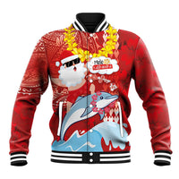 Hawaiian Mele Kalikimaka Baseball Jacket Funny Santa Riding Lei Dolphin with Kakau Tattoos - Polynesian Pride