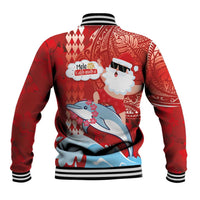 Hawaiian Mele Kalikimaka Baseball Jacket Funny Santa Riding Lei Dolphin with Kakau Tattoos - Polynesian Pride