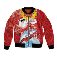 Hawaiian Mele Kalikimaka Bomber Jacket Funny Santa Riding Lei Dolphin with Kakau Tattoos LT03 Unisex Red - Polynesian Pride