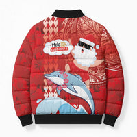 Hawaiian Mele Kalikimaka Bomber Puffer Jacket Funny Santa Riding Lei Dolphin with Kakau Tattoos - Polynesian Pride