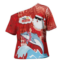 Hawaiian Mele Kalikimaka Cross Shoulder Shirt Funny Santa Riding Lei Dolphin with Kakau Tattoos - Polynesian Pride