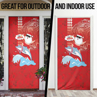 Hawaiian Mele Kalikimaka Door Cover Funny Santa Riding Lei Dolphin with Kakau Tattoos - Polynesian Pride