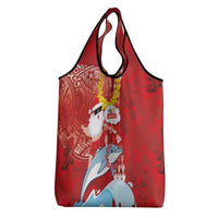 Hawaiian Mele Kalikimaka Grocery Bag Funny Santa Riding Lei Dolphin with Kakau Tattoos - Polynesian Pride