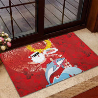 Hawaiian Mele Kalikimaka Rubber Doormat Funny Santa Riding Lei Dolphin with Kakau Tattoos - Polynesian Pride
