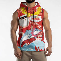 Hawaiian Mele Kalikimaka Sleeveless Hoodie Funny Santa Riding Lei Dolphin with Kakau Tattoos - Polynesian Pride