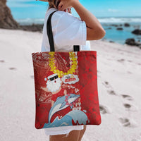 Hawaiian Mele Kalikimaka Tote Bag Funny Santa Riding Lei Dolphin with Kakau Tattoos - Polynesian Pride