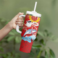 Hawaiian Mele Kalikimaka Tumbler With Handle Funny Santa Riding Lei Dolphin with Kakau Tattoos - Polynesian Pride