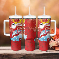 Hawaiian Mele Kalikimaka Tumbler With Handle Funny Santa Riding Lei Dolphin with Kakau Tattoos - Polynesian Pride