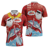 Hawaiian Mele Kalikimaka Zipper Polo Shirt Funny Santa Riding Lei Dolphin with Kakau Tattoos - Polynesian Pride