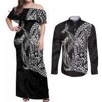 Hawaiian Whales Polynesian Art Motifs Couples Matching Off Shoulder Maxi Dress and Long Sleeve Button Shirt Black Color - Polynesian Pride