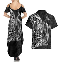 Hawaiian Whales Polynesian Art Motifs Couples Matching Summer Maxi Dress and Hawaiian Shirt Black Color - Polynesian Pride