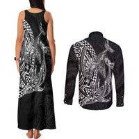Hawaiian Whales Polynesian Art Motifs Couples Matching Tank Maxi Dress and Long Sleeve Button Shirt Black Color - Polynesian Pride