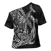 Hawaiian Whales Polynesian Art Motifs Cross Shoulder Shirt Black Color LT03 - Polynesian Pride