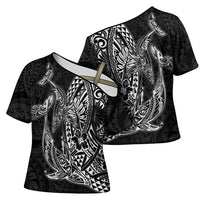 Hawaiian Whales Polynesian Art Motifs Cross Shoulder Shirt Black Color LT03 - Polynesian Pride