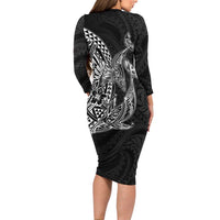 Hawaiian Whales Polynesian Art Motifs Family Matching Long Sleeve Bodycon Dress and Hawaiian Shirt Black Color - Polynesian Pride