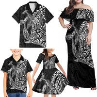 Hawaiian Whales Polynesian Art Motifs Family Matching Off Shoulder Maxi Dress and Hawaiian Shirt Black Color - Polynesian Pride