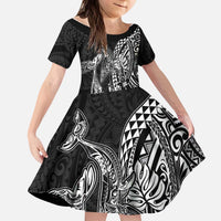 Hawaiian Whales Polynesian Art Motifs Kid Short Sleeve Dress Black Color - Polynesian Pride