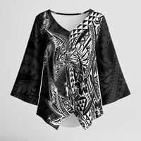 Hawaiian Whales Polynesian Art Motifs Kimono Sleeve Blouse Black Color LT03 Female Black - Polynesian Pride